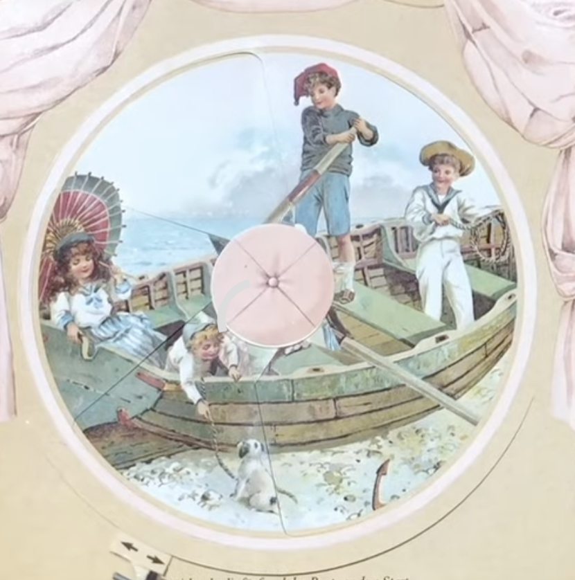 Victorian children's book page showing children in a boat, with a rotating wheel mechanism visible