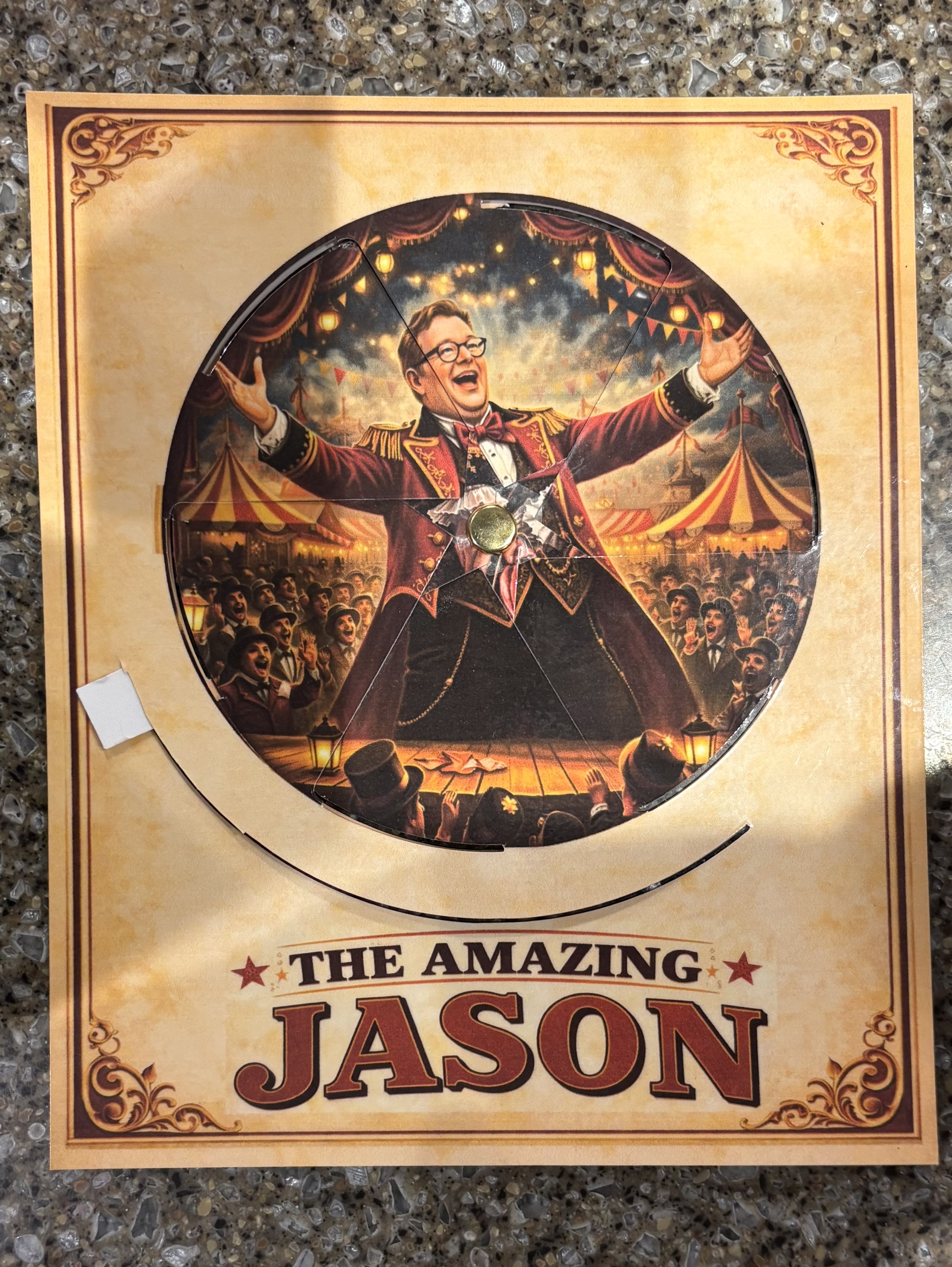 Front of the volvelle: a circus ringmaster with arms outstretched