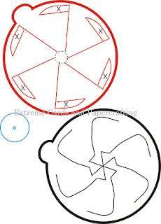 A rough volvelle template diagram showing the front and back piece shapes